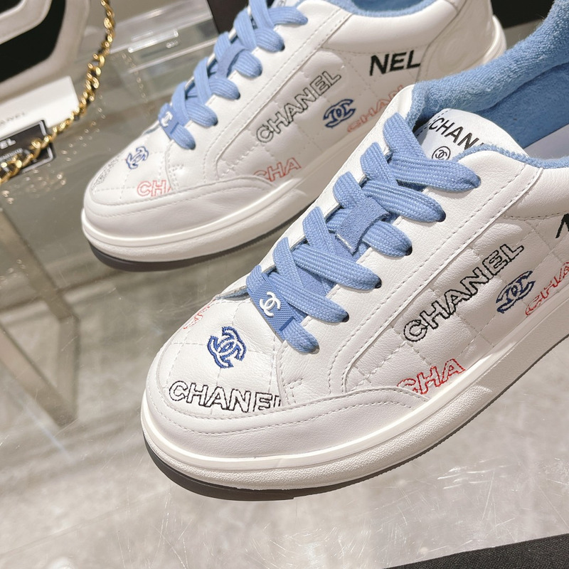 Ch*el logo embroidered sneakers white blue
