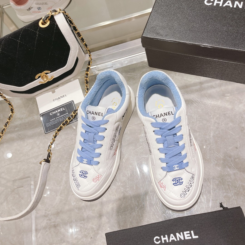 Ch*el logo embroidered sneakers white blue