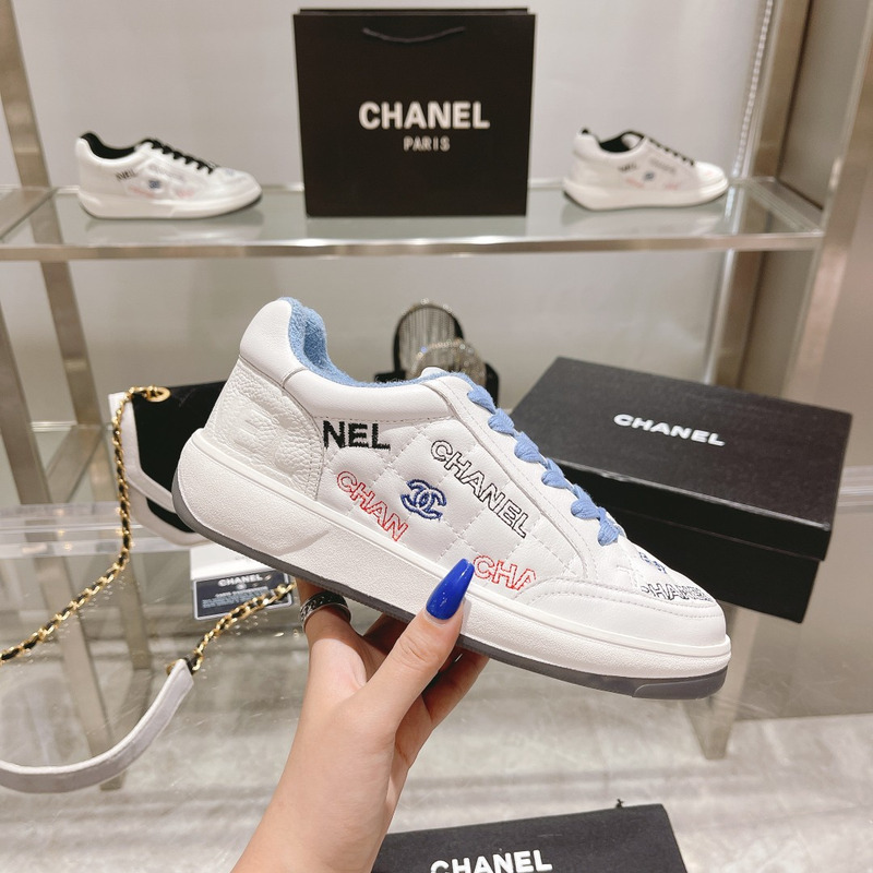 Ch*el logo embroidered sneakers white blue