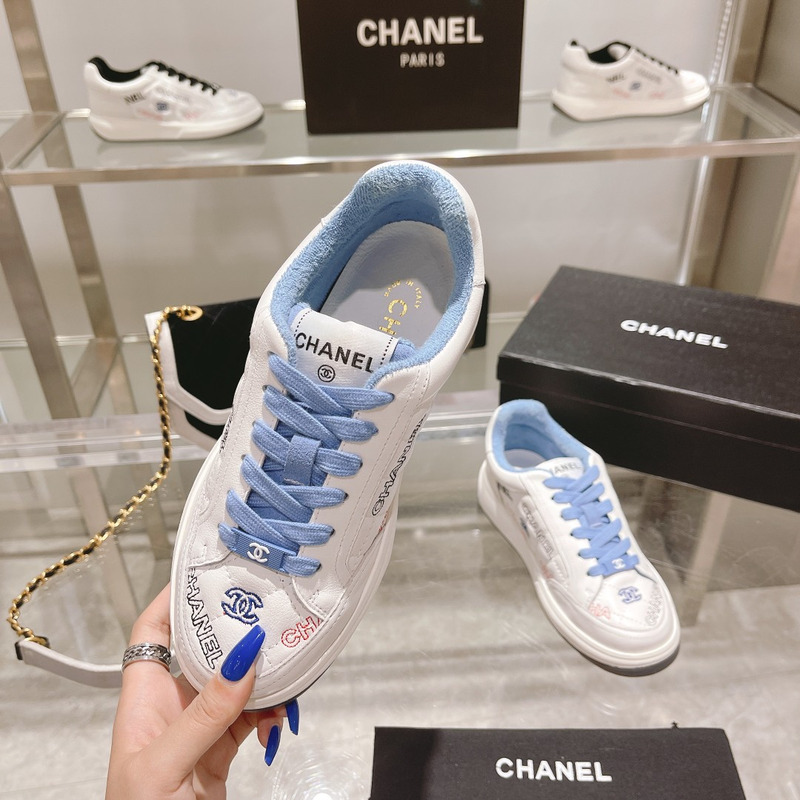 Ch*el logo embroidered sneakers white blue