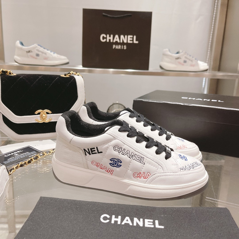 Ch*el   logo embroidered sneakers white black