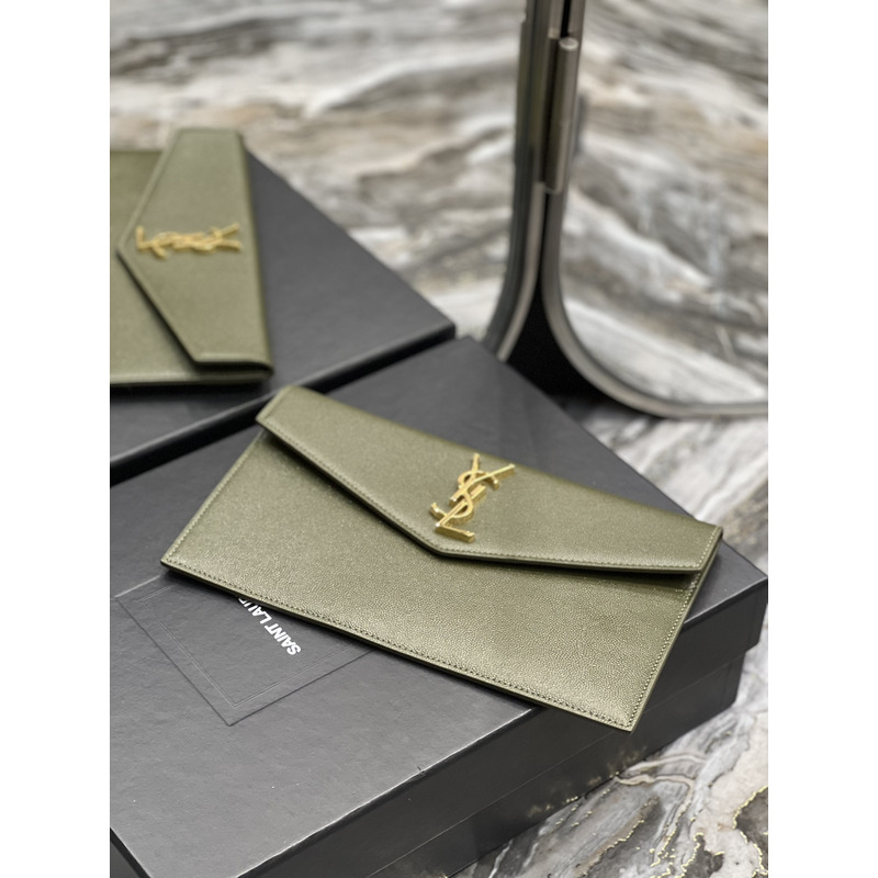 Saint Laurent Uptown Pouch In Grain De Poudre Embosses Leather Olive Green