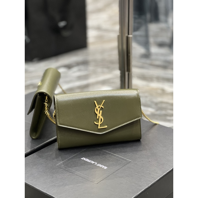 Saint Laurent Uptown Chain Wallet In Grain de Poudre Embossed Leather Olive Green