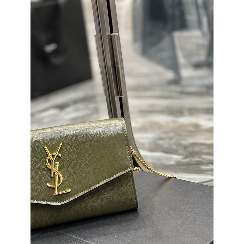 Saint Laurent Uptown Chain Wallet In Grain de Poudre Embossed Leather Olive Green