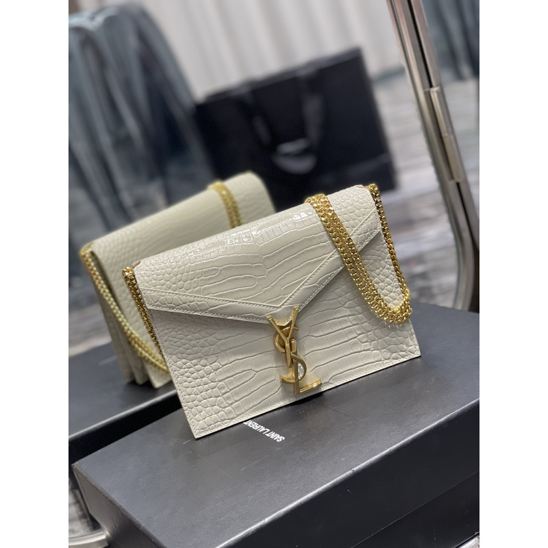 Saint Laurent Cassandra Medium Chain Bag In crocodile Embossed Shiny Leather White