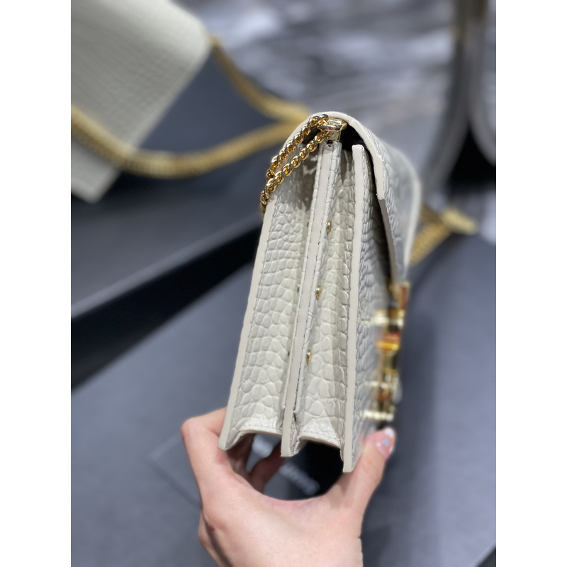 Saint Laurent Cassandra Medium Chain Bag In crocodile Embossed Shiny Leather White