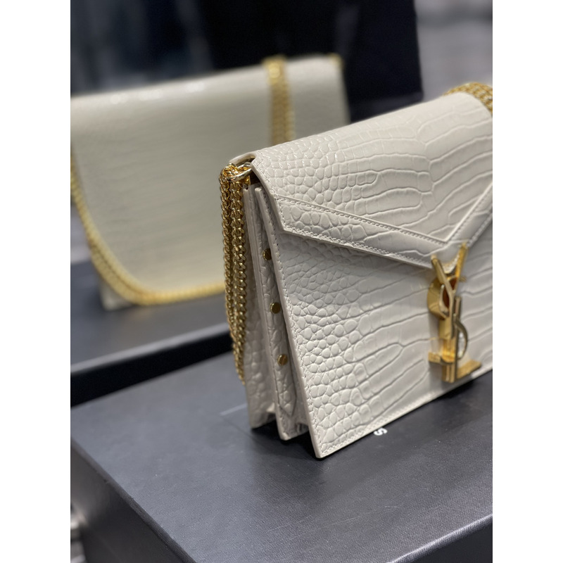 Saint Laurent Cassandra Medium Chain Bag In crocodile Embossed Shiny Leather White