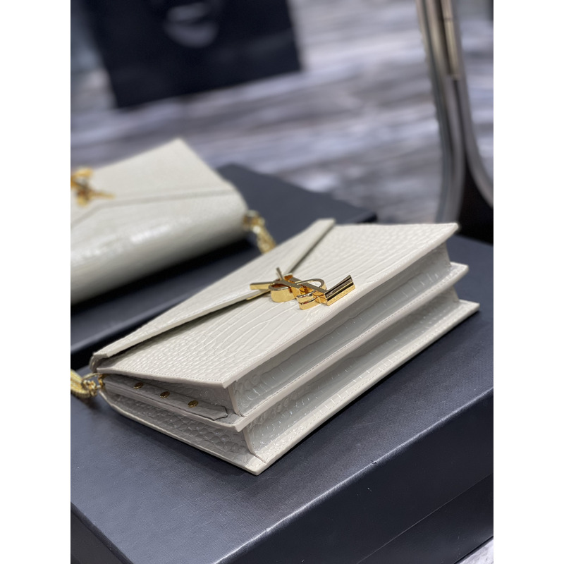 Saint Laurent Cassandra Medium Chain Bag In crocodile Embossed Shiny Leather White