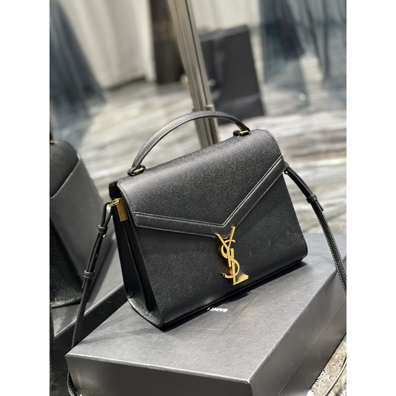 Saint Laurent Cassandra Medium Top Handle Bag In Grain De Poudre Emnossed Leather Black