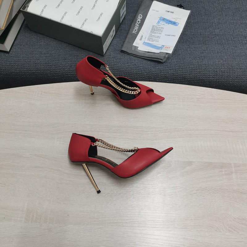 Tom Ford Open Toe Pointed Toe Chain Detail High Heel in Red