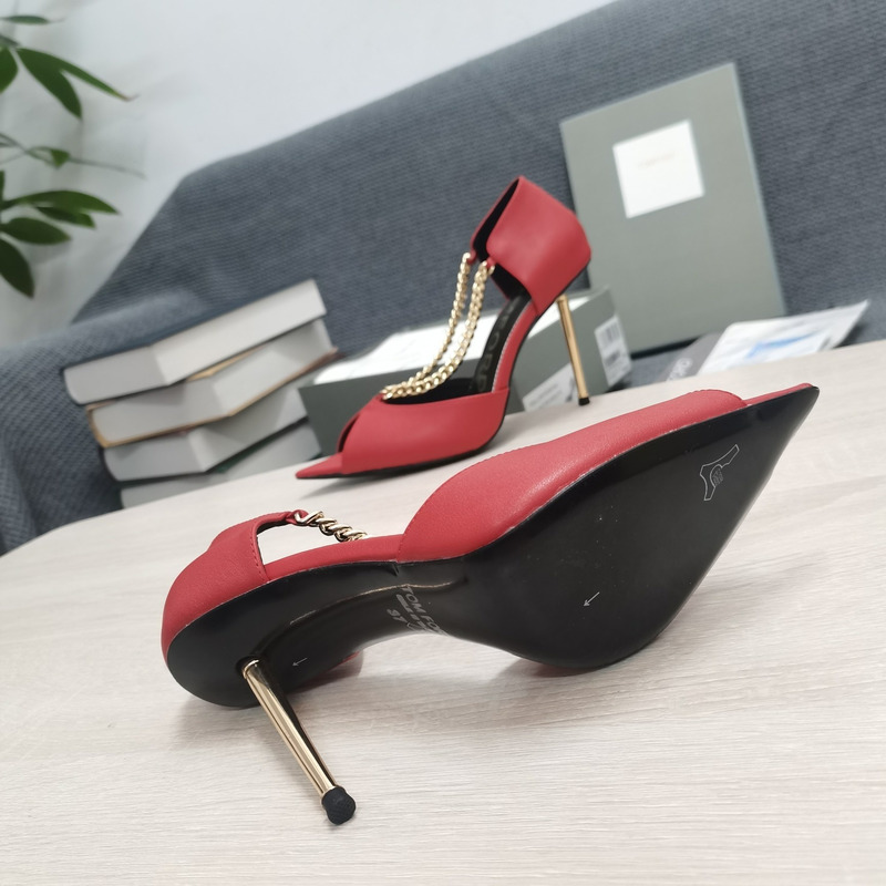 Tom Ford Open Toe Pointed Toe Chain Detail High Heel in Red