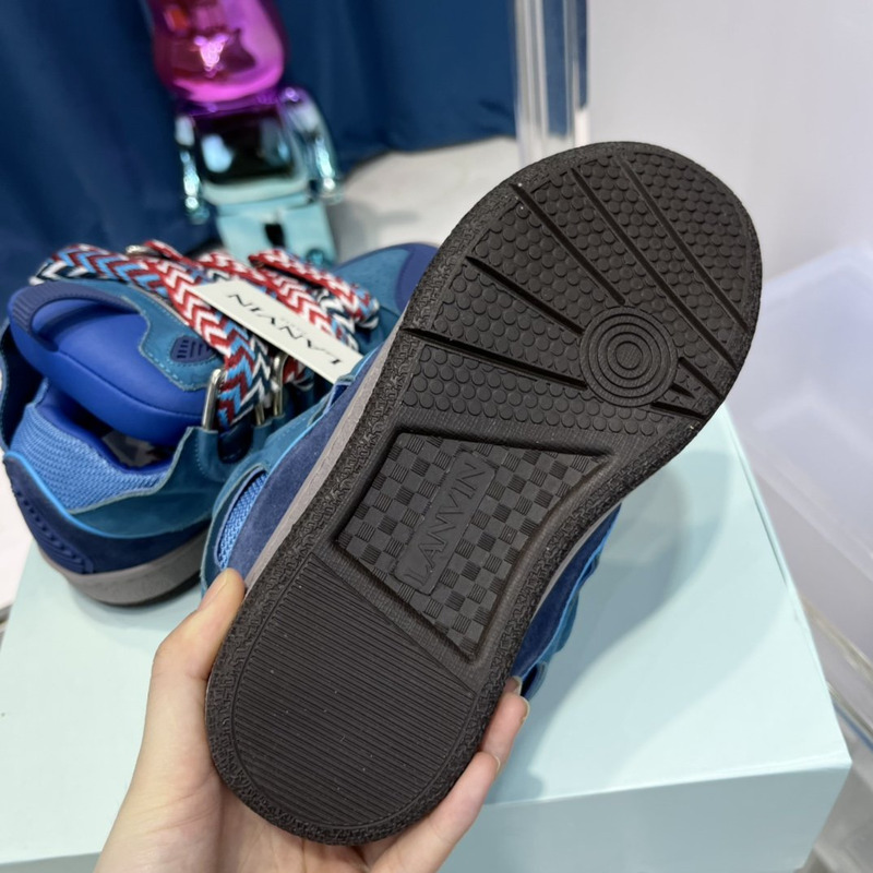 Lanvin Curb Leather Sneakers With Multicolor Laces in Dark Blue