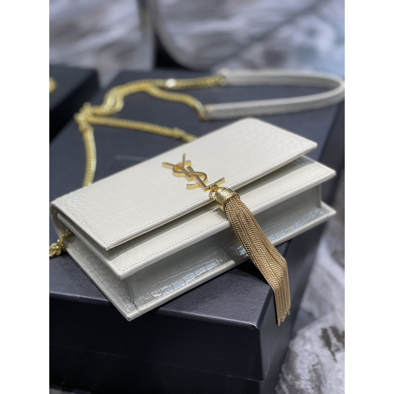 Saint Laurent Monogram Grain de Poudre Crossbody Bag White