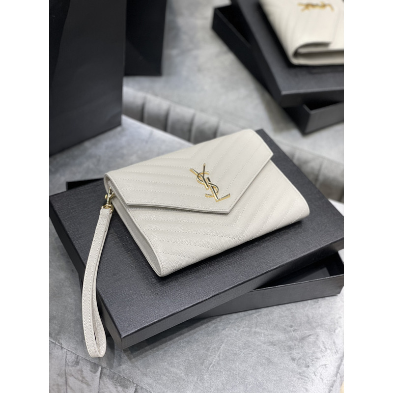 Saint Laurent Flap Pounch in Grain De Pouder Embossed Leather White