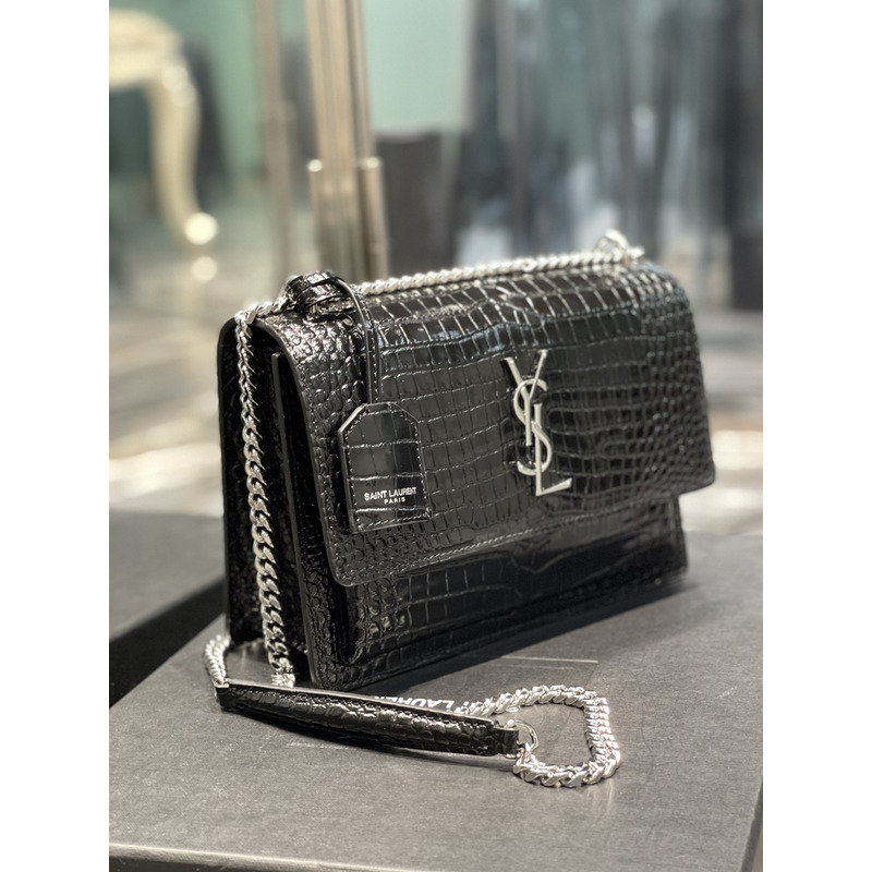 Saint Laurent SUNSET SILVER CHAIN BAG IN CROCODILE EMBOSSED SHINY LEATHER