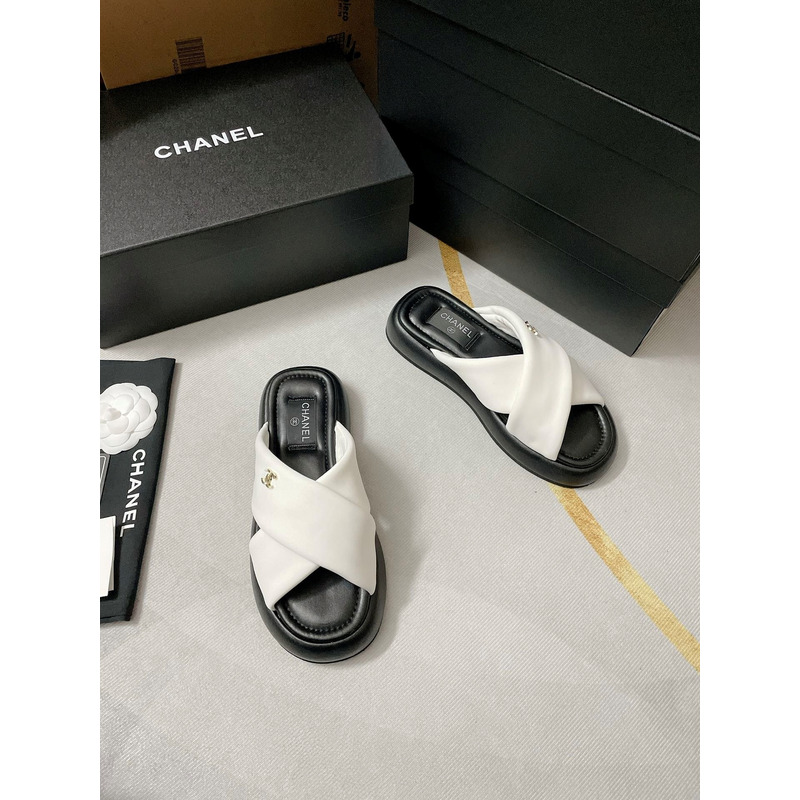 Ch*el fabric mules white