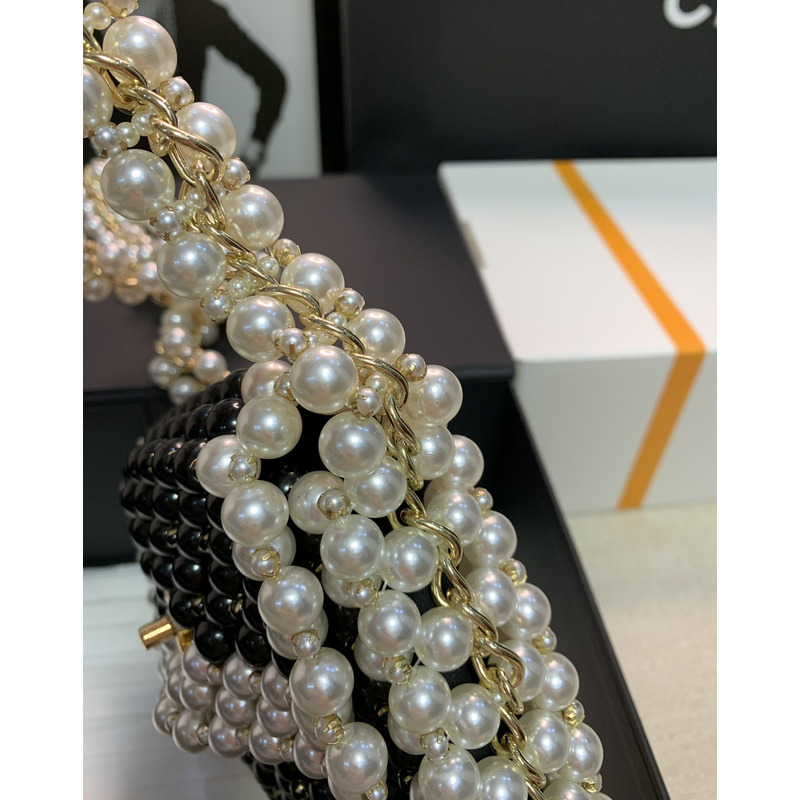 Ch*el handmade imitation pearl woven bag black and white