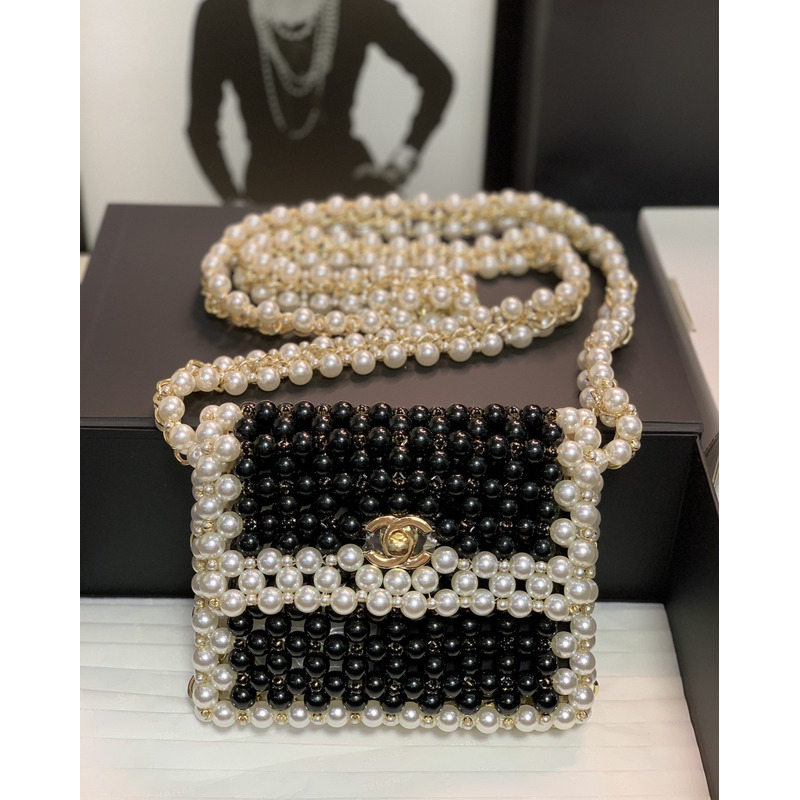 Ch*el handmade imitation pearl woven bag black and white