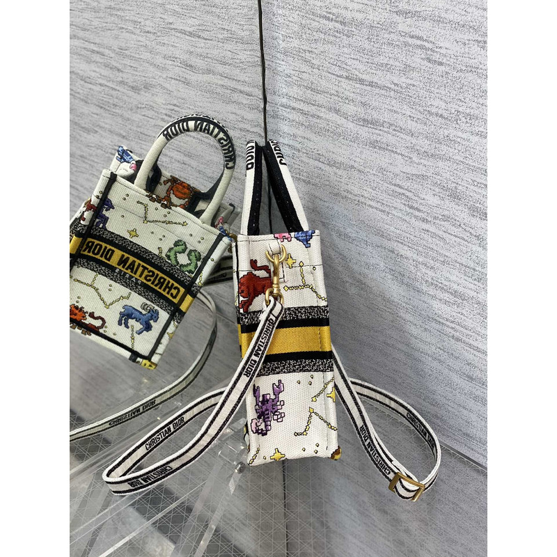 D*or mini book tote phone pouch multicolor D*or zodiac pixel pattern embroidery in cream fabric