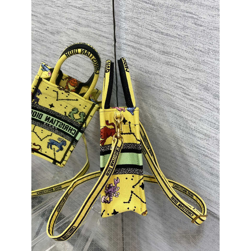 D*or mini book tote phone pouch multicolor D*or zodiac pixel pattern embroidery in yellow fabric