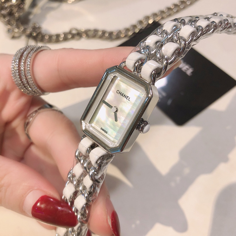 Ch*el premiere rock quartz plated metal and leather watch white