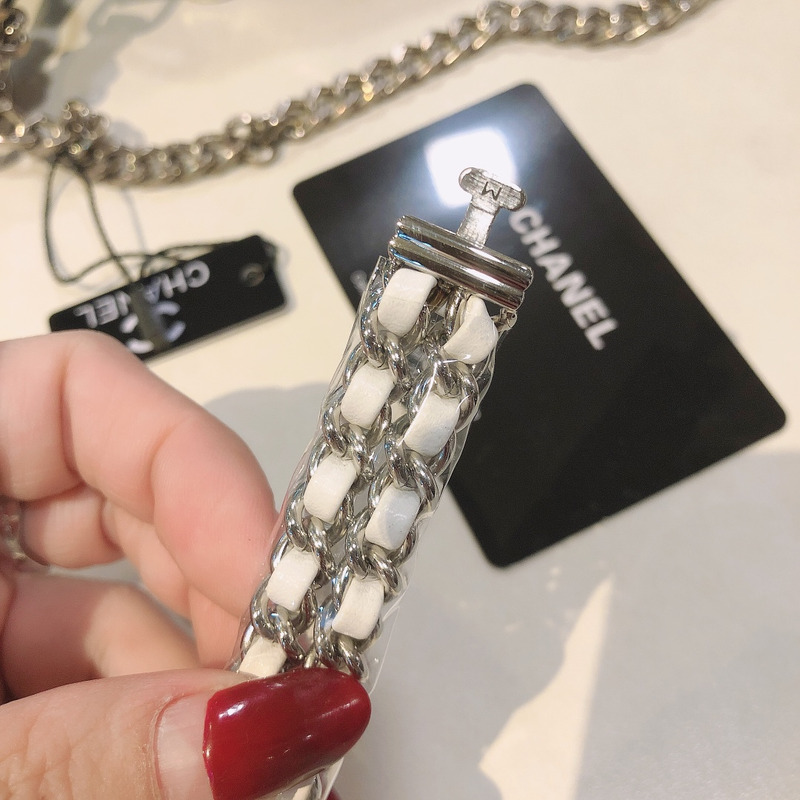 Ch*el premiere rock quartz plated metal and leather watch white