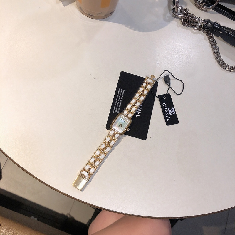 Ch*el premiere rock quartz plated metal and leather watch yellow