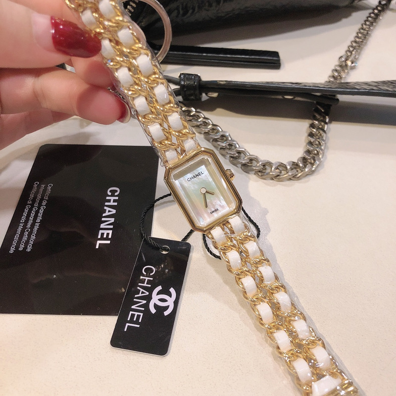 Ch*el premiere rock quartz plated metal and leather watch yellow