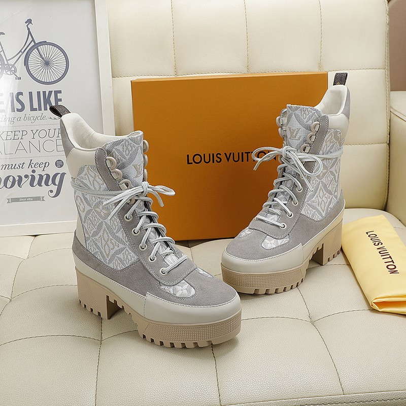 l**is V*t*n laureate platform desert patent monogram canvas back loop boots grey