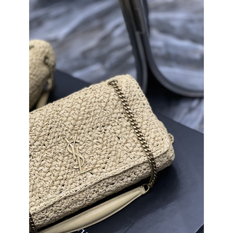 Saint Laurent Jamie Flat Shoulder Bag Crochet Raffia Beige