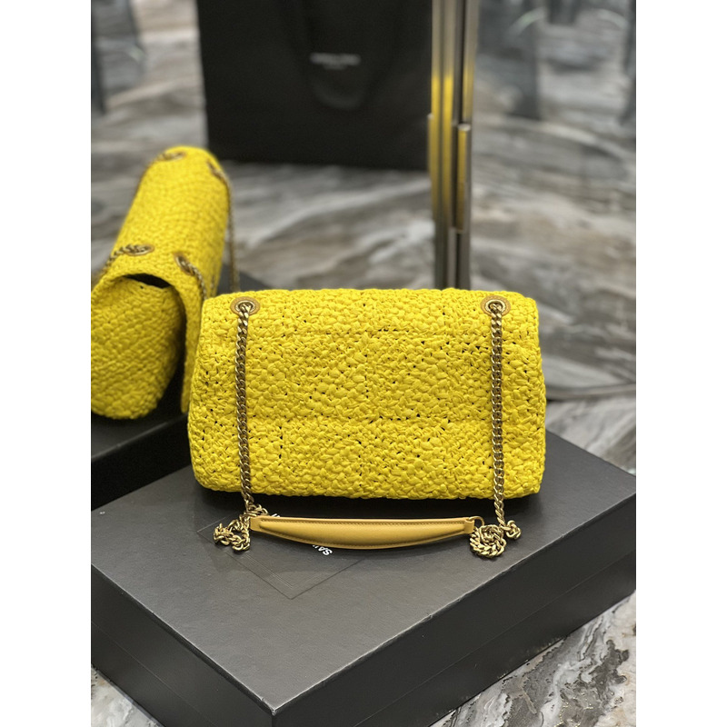 Saint Laurent Jamie Flat Shoulder Bag Crochet Raffia Yellow
