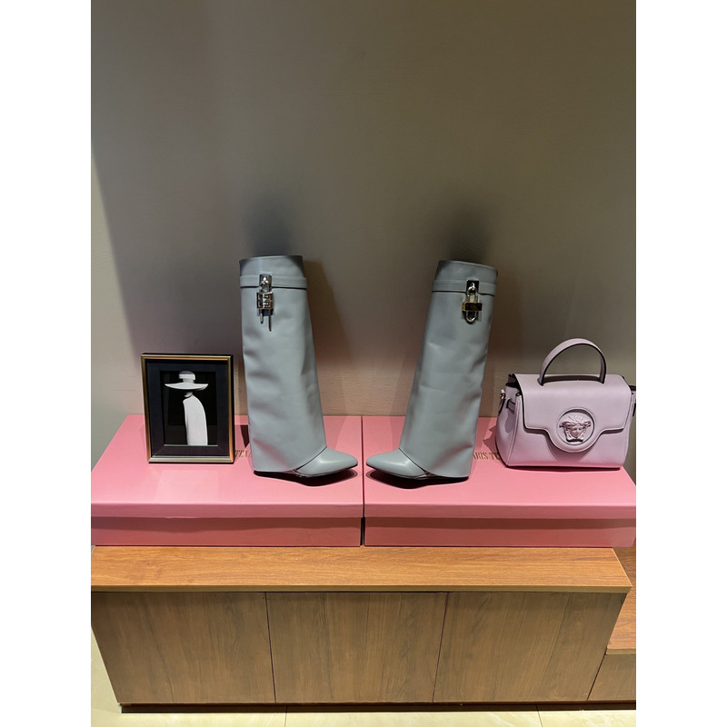 Givenchy Shark Lock Leather Knee High Boots Light Grey