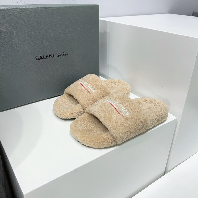 Ba*len*cia*ga logo-embroidered faux shearling slides beige