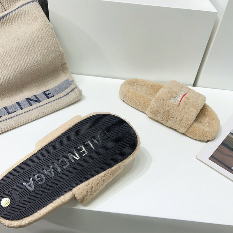Ba*len*cia*ga logo-embroidered faux shearling slides beige