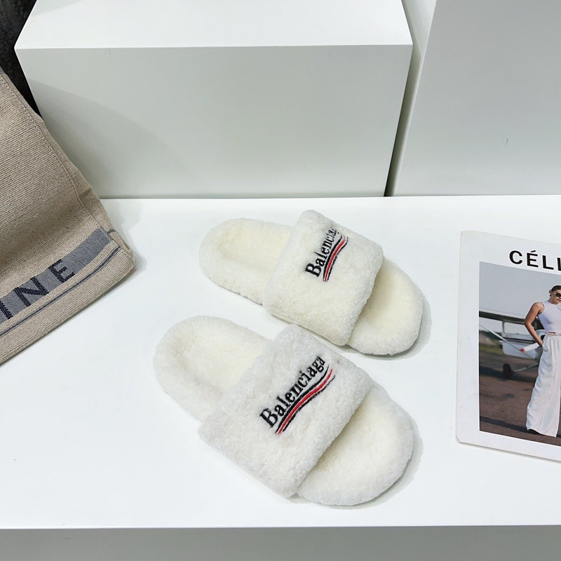 Ba*len*cia*ga logo-embroidered faux shearling slides white