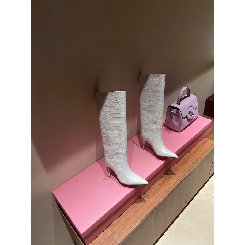 Bettina Vermillon Josephine Crocodile Embossed Knee Boots White