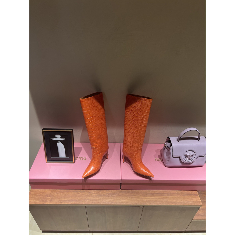 Bettina Vermillon Josephine Crocodile Embossed Knee Boots Orange