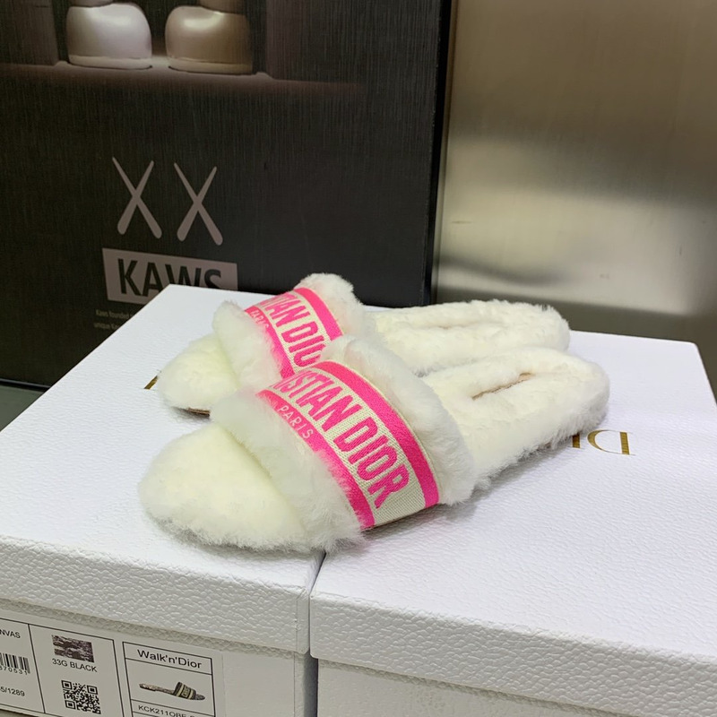 D*or chez moi slides embroidered cotton and shearling bright pink