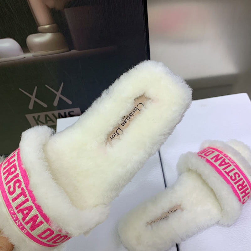 D*or chez moi slides embroidered cotton and shearling bright pink