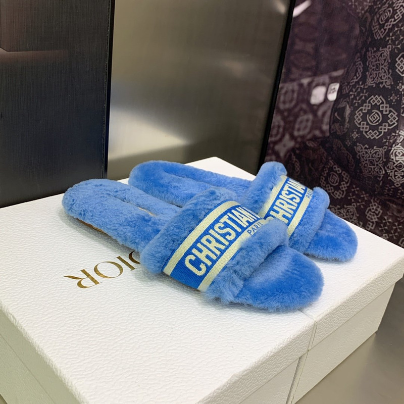 D*or chez moi slides embroidered cotton and shearling bright blue