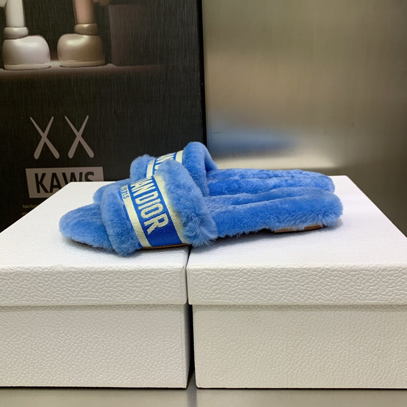 D*or chez moi slides embroidered cotton and shearling bright blue