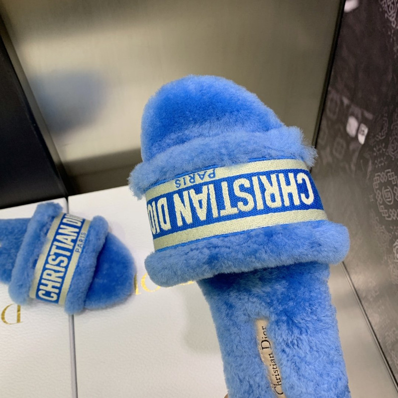 D*or chez moi slides embroidered cotton and shearling bright blue