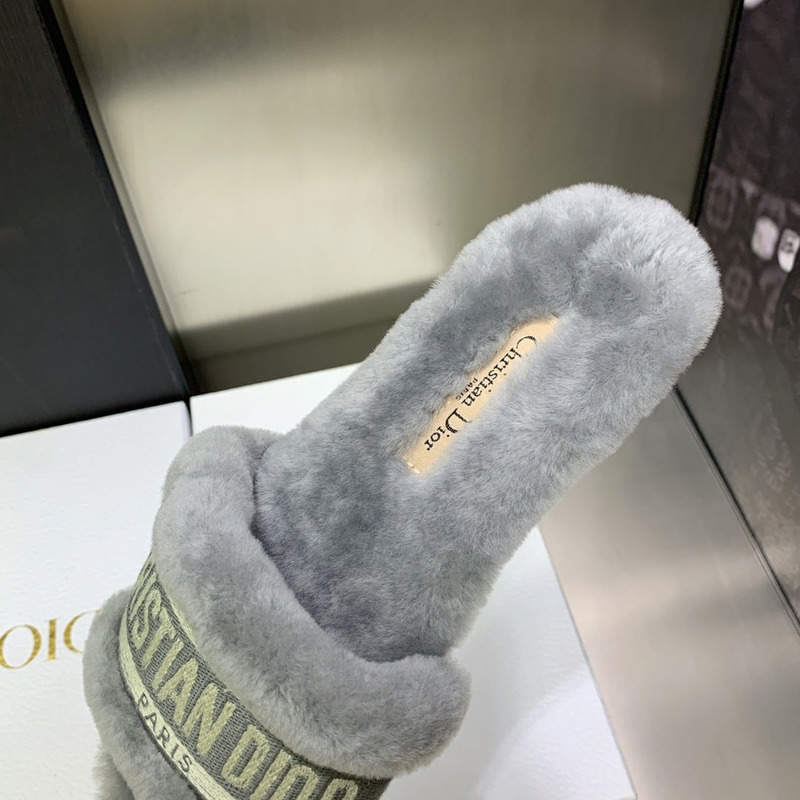 D*or chez moi slides embroidered cotton and shearling grey