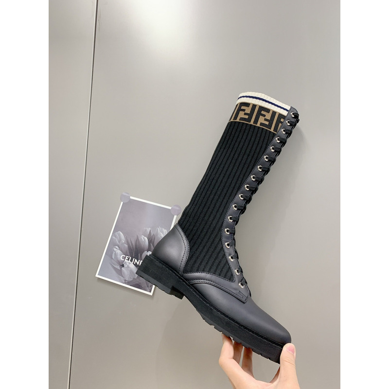 F**di logo jacquard stretch knit and leather knee boots black