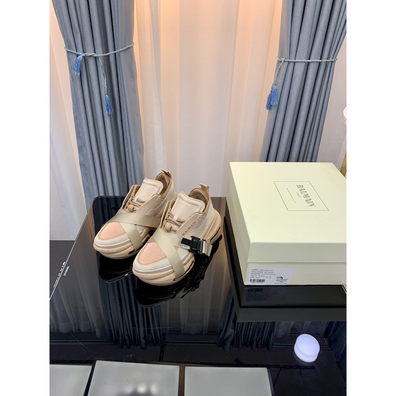 Balmain X Dogpound B-Bold Leather & Knit Sand Low Top Sneakers