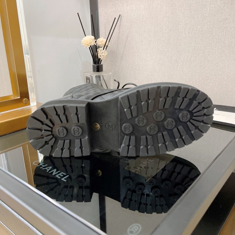 Ch*el cc chain quilted lambskin and calfskin lace up boots black