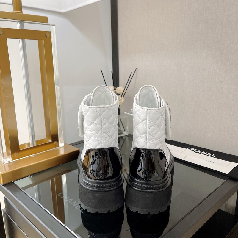 Ch*el cc chain quilted lambskin and calfskin lace up boots cream