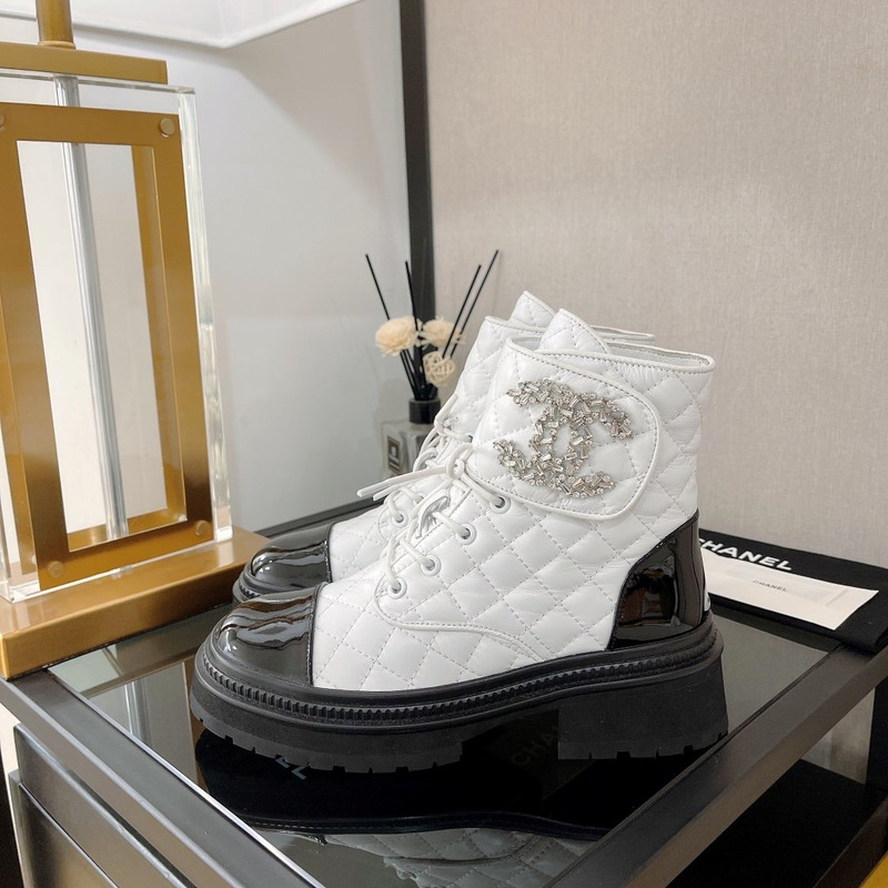 Ch*el cc chain quilted lambskin and calfskin lace up boots cream