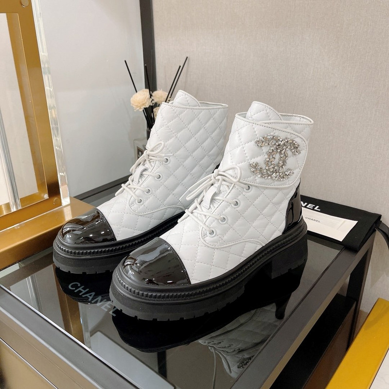 Ch*el cc chain quilted lambskin and calfskin lace up boots cream