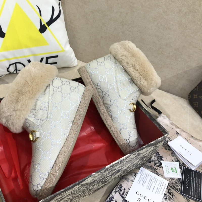 G*u*i fria horsebit gg wool shearling collar high top booties silver